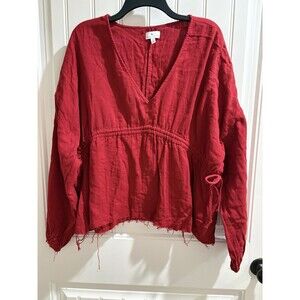 True Craft Women's Long Sleeve Blouse XL Red Raw Edge and Cinched Waist